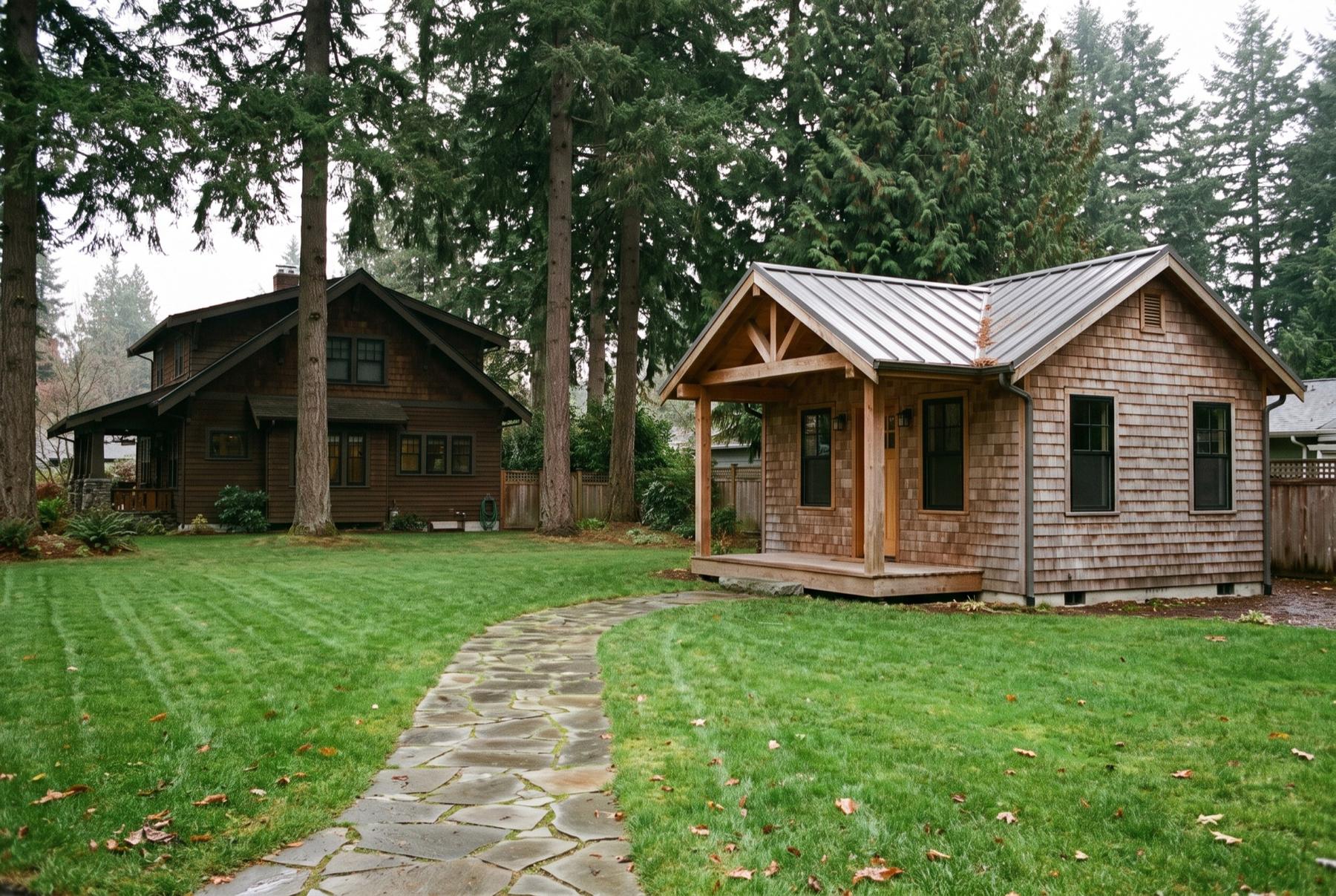 Small cedar-shingle backyard cottage with a metal roof and covered porch, joined by a flagstone path across the lawn to a brown craftsman house under tall firs