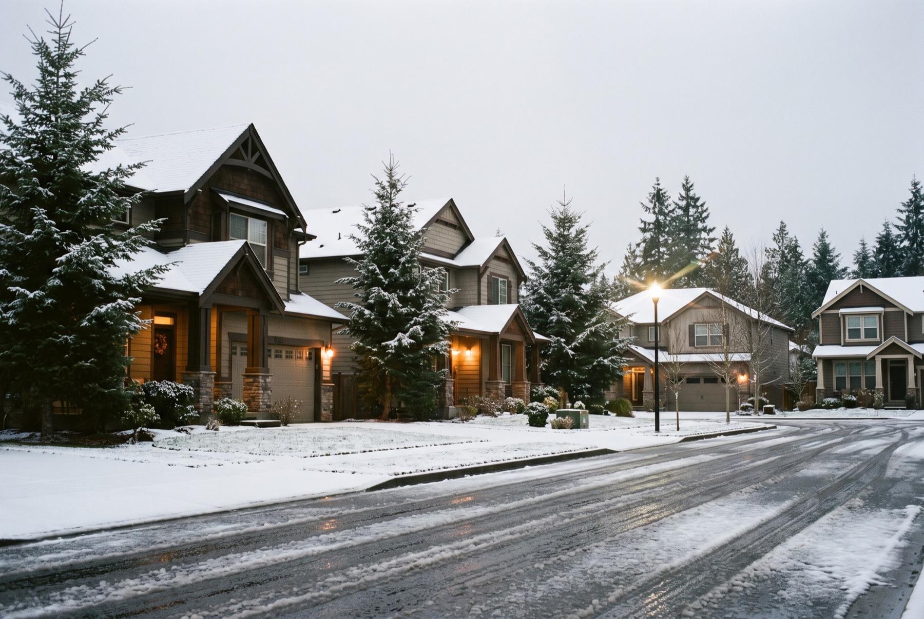 Street of two-story craftsman-style homes after a light snow, with porch lights on, snow-dusted firs, and slushy tire tracks on the road at dawn