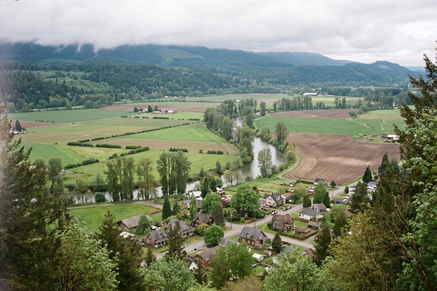 View from a wooded hillside down to a river valley of farm fields, a tree-lined river, and a small neighborhood of older houses, with low clouds on the foothills