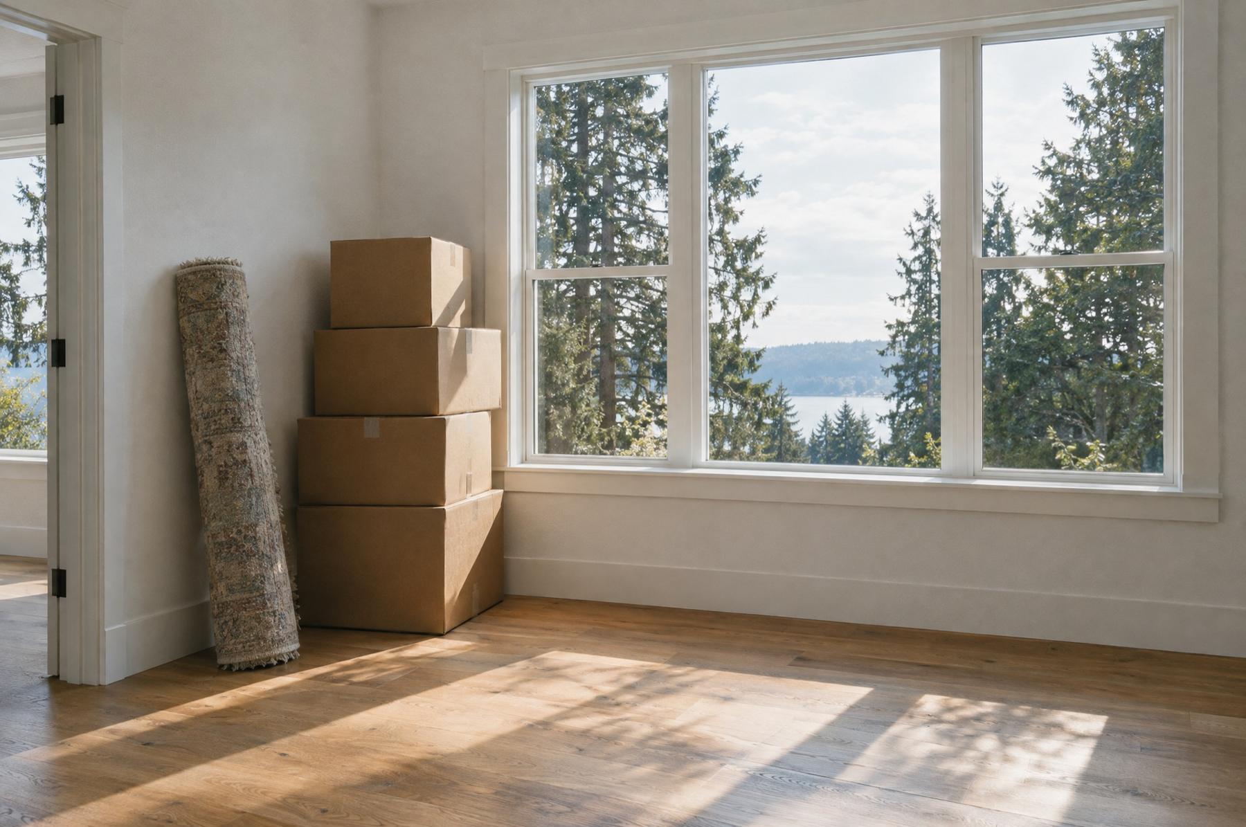Bright empty bedroom with plain cardboard moving boxes stacked by a large window, a rolled rug leaning on the wall, and evergreens and a lake beyond the glass