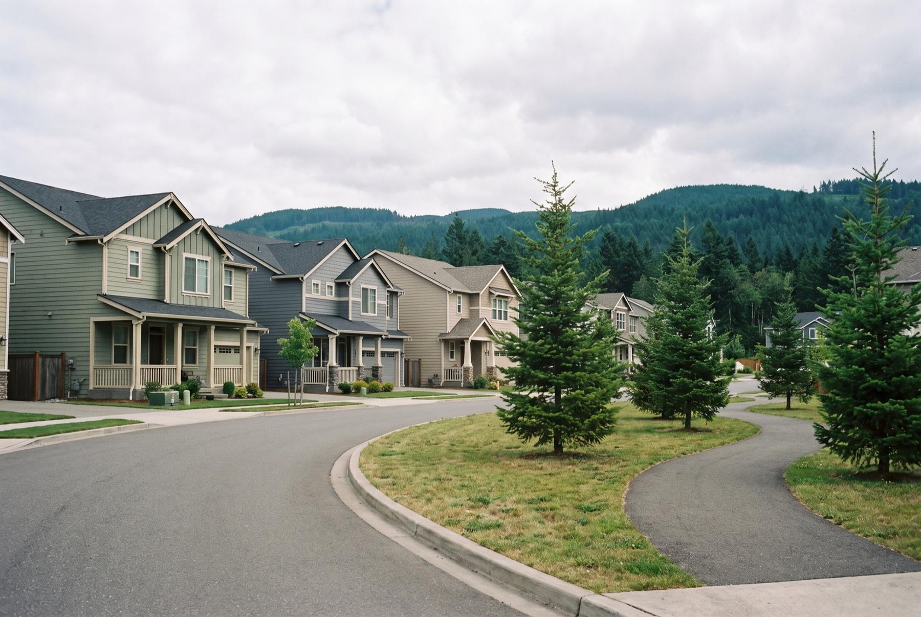 Curving street of new two-story craftsman-style homes with front porches, a paved walking path beside a grass strip of young Douglas firs, and forested foothills under an overcast sky