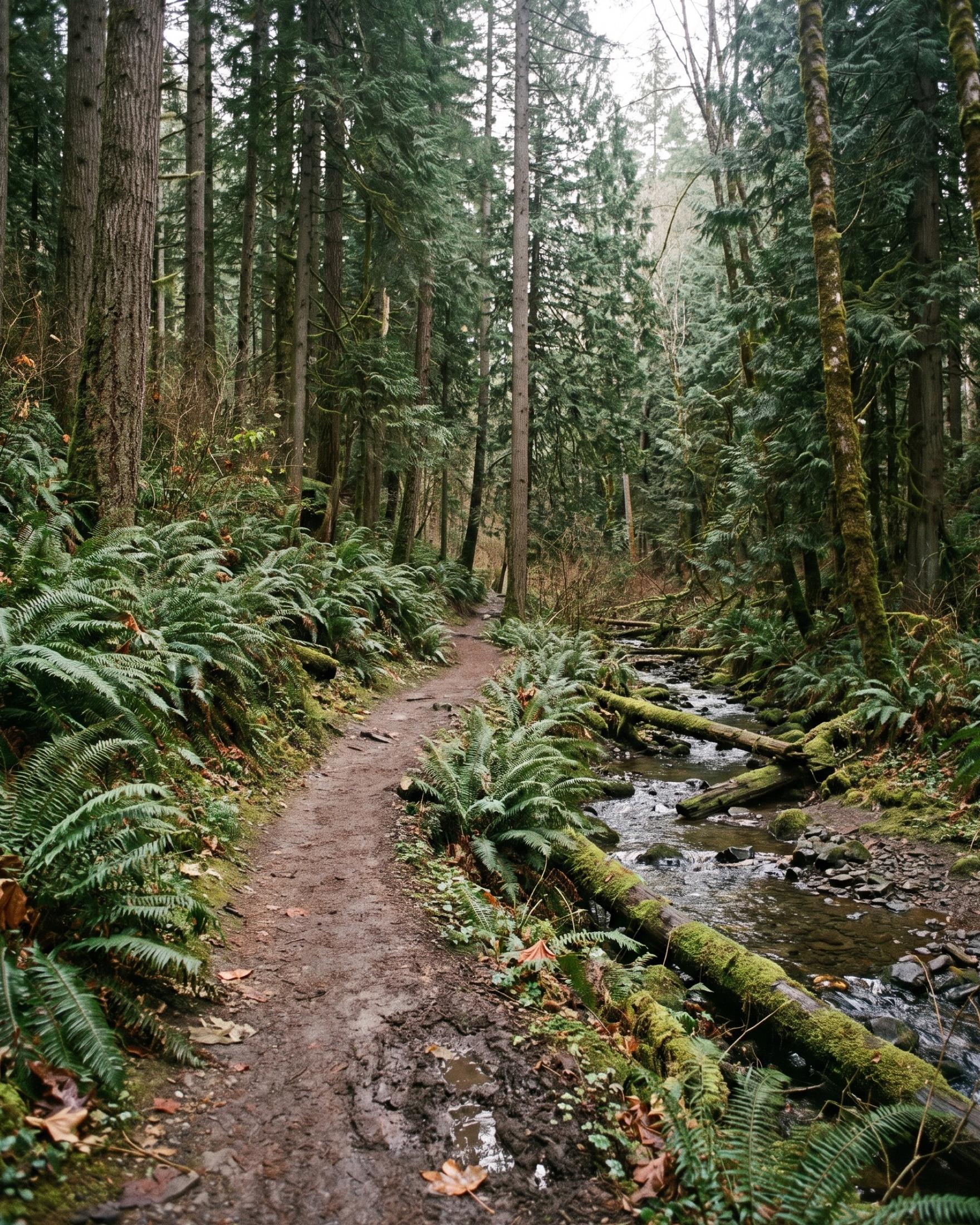 Dirt trail through a forest of tall firs, lined with sword ferns, running beside a shallow rocky creek crossed by moss-covered fallen logs