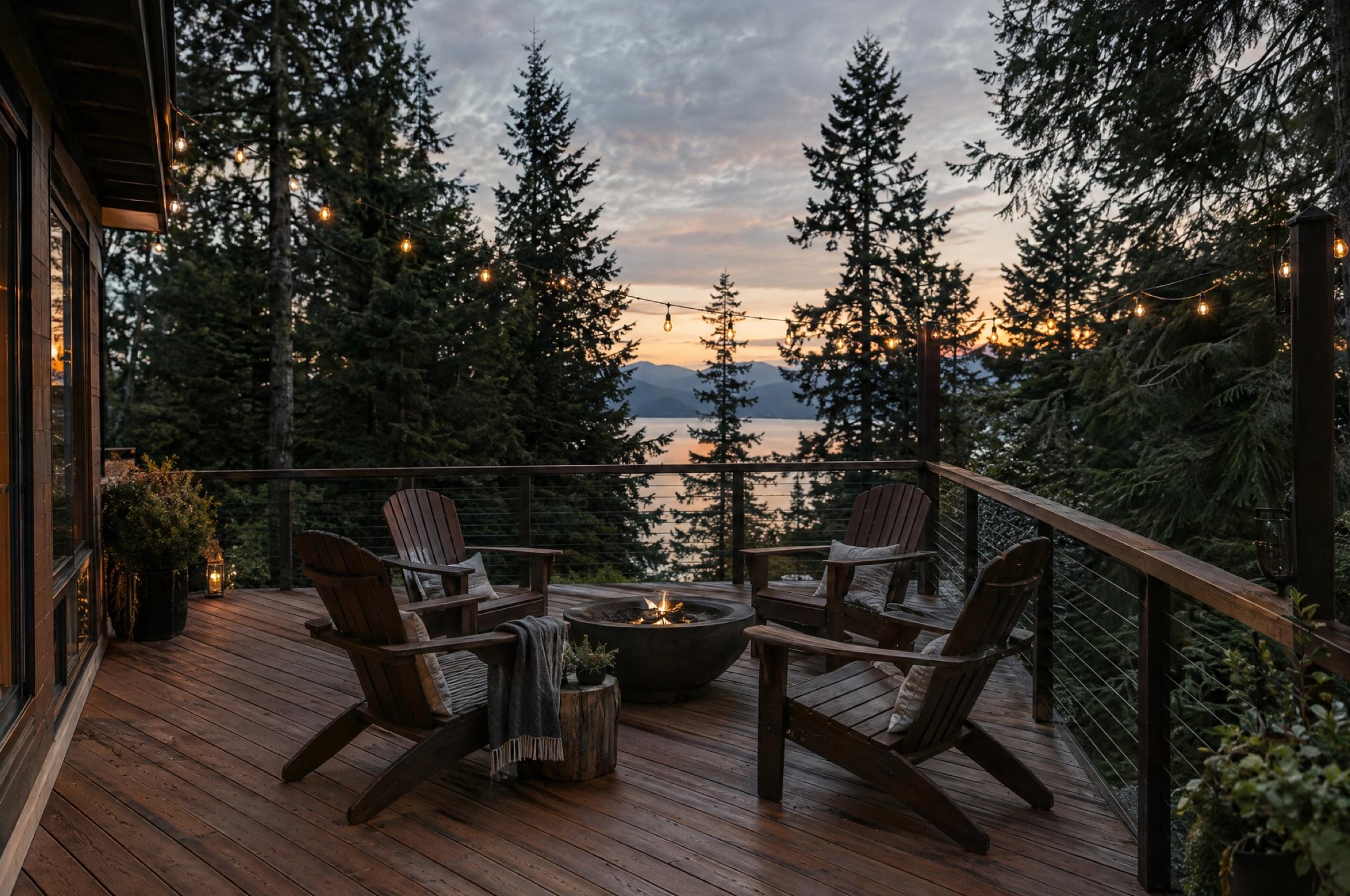 Wood deck at dusk with four Adirondack chairs around a round stone fire pit, string lights overhead, a cable railing, and tall evergreens framing a view of water and distant hills
