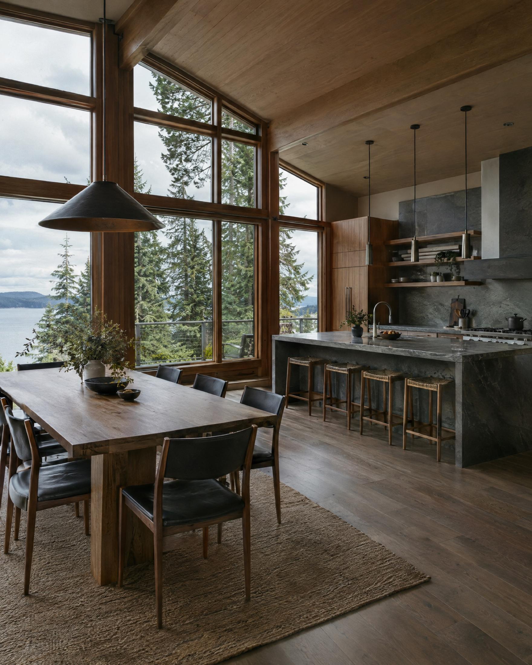 Open dining room and kitchen with tall wood-framed windows looking out on evergreens and water, a long wood dining table with black leather chairs on a jute rug, and a gray stone island with woven counter stools