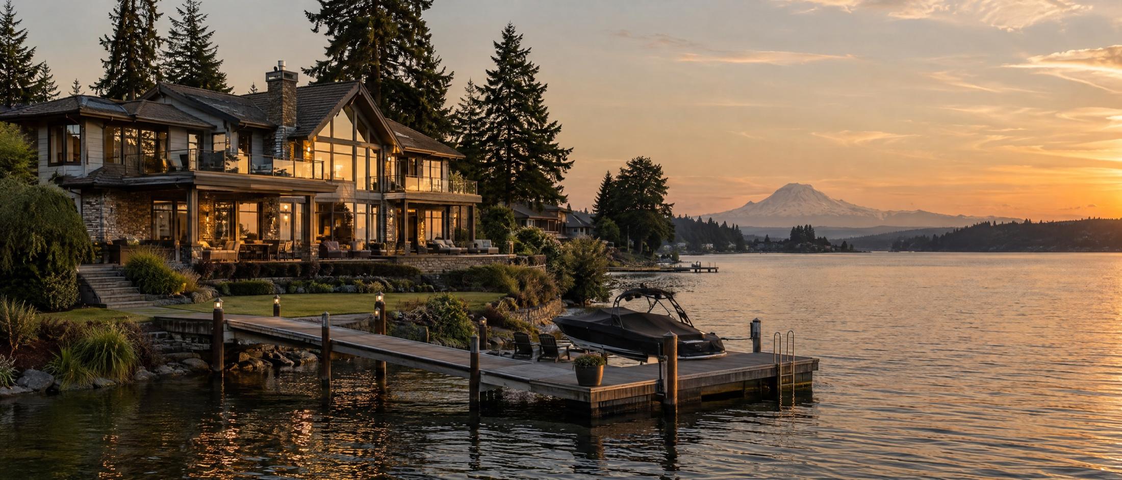 Two-story lakefront house with stone and shingle siding and glowing tall windows, a lawn stepping down to a wooden dock with a covered boat, and Mount Rainier on the horizon at sunset