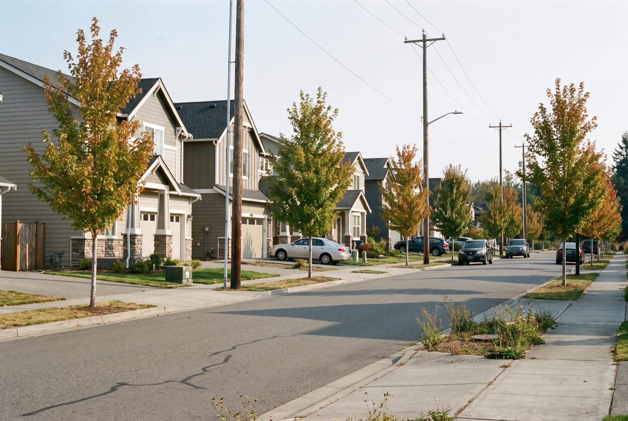 Neighborhood street of two-story craftsman-style homes with gabled roofs and stone-clad porch columns, young maple trees turning orange along the sidewalk, and cars parked in driveways and at the curb